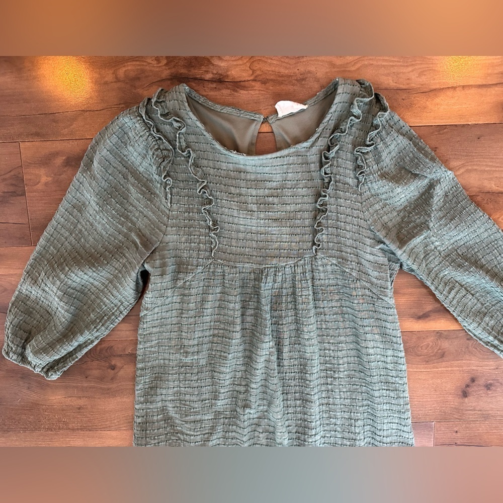 Ember Sage Green Smocked Cottagecore Ruffle Long Sleeve Top M